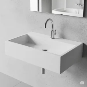 Close-up of a white, floating rectangular modern bathroom sink mounted on a wall, showcasing the space-saving benefit of this style.