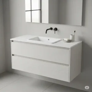 A beautiful floating white oak bathroom vanity with two drawers and an integrated sink, showcasing a minimalist design that makes the space feel larger.