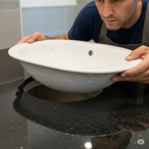 A close-up view shows a craftsman carefully lowering a new drop in bathroom sinks into the pre-cut countertop opening for a perfect fit.
