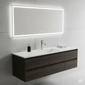 A sleek, contemporary bathroom vanity with a minimalist design and high-end fixtures.
