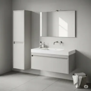 A sleek, modern bathroom vanity with a linen cabinet for extra storage in a minimalist bathroom.