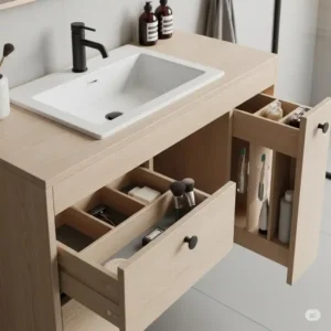 Close-up view of the minimalist design and unique storage features of a narrow depth bathroom vanity, highlighting the quality craftsmanship.