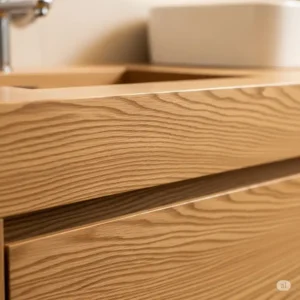 Close-up shot highlighting the natural, beautiful wood grain of a solid oak bathroom vanity, showcasing its quality and craftsmanship.