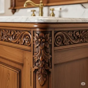 Close-up of an ornate carved wood detail on an antique cabinet bathroom vanity, highlighting the craftsmanship and unique character of the piece.