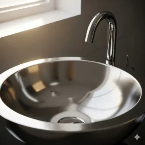 Close-up of a polished stainless steel bathroom sink, highlighting its reflective surface.