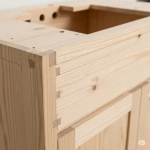 A close-up of a raw, unfinished wooden bathroom vanity, highlighting the natural grain and construction before any finishing touches.