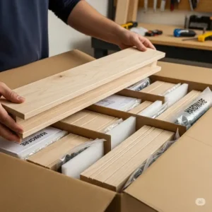 A collection of parts and hardware from a RTA bathroom vanity cabinets, laid out neatly for assembly.