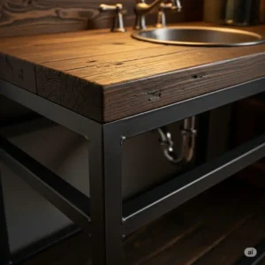 Close-up of a rustic industrial bathroom vanity showing the contrast between the dark, stained reclaimed wood and the sturdy black metal frame.