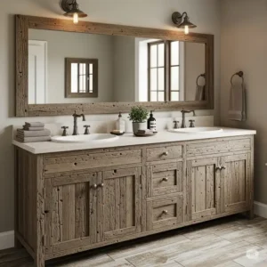 A wide rustic looking bathroom vanities with a distressed wood finish, perfect for a master bathroom seeking a rustic look.