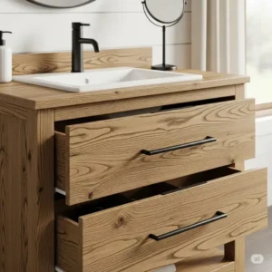 Close-up of a rustic oak wood bathroom vanity with smooth-sliding drawers and minimalist black hardware, perfect for a farmhouse-style bathroom.