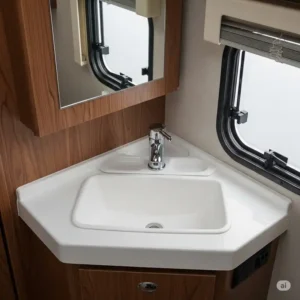 Corner-mounted RV bathroom sink for motorhome, designed to maximize counter space and fit efficiently in a small motorhome restroom.
