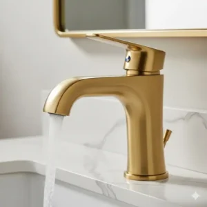 Close-up shot of a single-handle brushed gold bathroom faucet, highlighting the smooth, fingerprint-resistant surface and minimalist style.