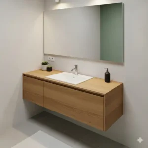 A floating wooden vanity with a single basin, showing small sinks and vanities for small bathrooms to create more floor space.