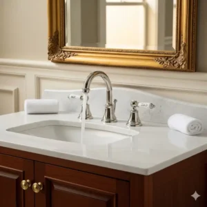 A classic, two-handle polished nickel bathroom faucet with a gooseneck spout, complementing a traditional bathroom vanity.
