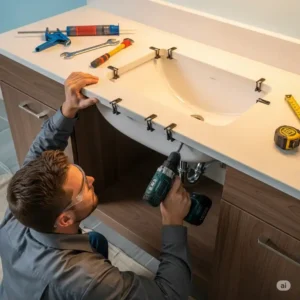 An installer demonstrates the installation of under counter bathroom sinks for a new vanity.