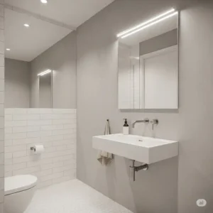 A space-saving wall mounted bathroom sinks in a small bathroom, illustrating how its compact design makes the room appear larger. The sink is white ceramic with a single hole for a faucet.