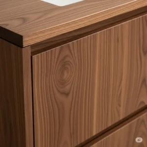 "Close-up detail of the rich, natural wood grain on a solid walnut bathroom vanity, showcasing its unique patterns and deep tones."