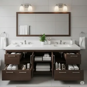 A bathroom vanity with double sink showcasing ample storage with soft-close drawers and cabinet space for towels and toiletries.