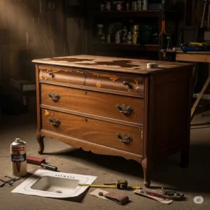 A before shot of a vintage dresser, showing its potential to be transformed into a beautiful and functional antique cabinet bathroom vanity.