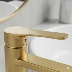 Detailed view of the ergonomic handle on a brushed gold bathroom faucet, showing its easy-to-use lever for water flow and temperature control.