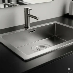 A brushed finish stainless steel bathroom sink, showcasing the matte texture.