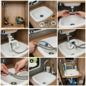 Step-by-step image showing the installation of a new small bathroom sink for motorhome in a camper van, including plumbing connections.