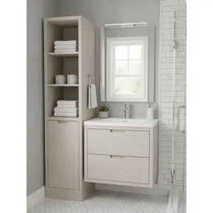 A compact white oak bathroom vanity with a linen cabinet, perfect for maximizing storage in a small bathroom space.