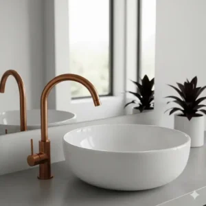 A sleek, minimalist copper bathroom faucets with a matte finish, complementing a modern vessel sink.