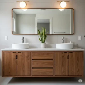 A double mid century modern bathroom vanity featuring two vessel sinks, a sleek design, and ample storage for a master bathroom.