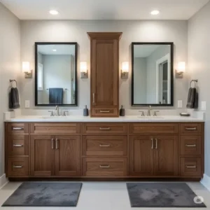 "Spacious double-sink walnut bathroom vanity with ample storage, ideal for a master bathroom, offering both functionality and sophisticated design."