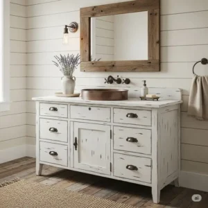 A white farmhouse-style antique vanity with multiple drawers for storage, complementing a rustic bathroom design.