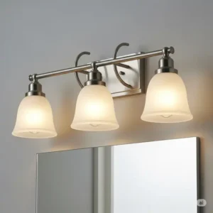 A three-light bathroom vanity lights brushed nickel bar, providing illumination for a small mirror.