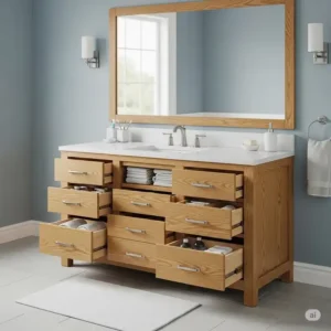 A functional oak bathroom vanity with multiple deep drawers and soft-close hardware, offering ample storage for a tidy and organized space.