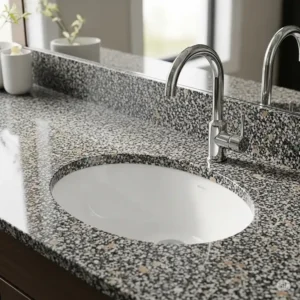 An elegant oval style of under counter bathroom sinks is seamlessly integrated into a granite countertop.