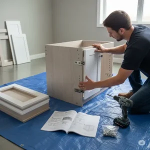 Step-by-step image of a person assembling a new RTA bathroom vanity cabinets, highlighting the simple process.