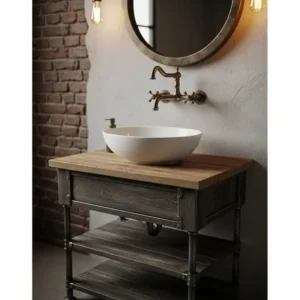 A rustic industrial bathroom vanity with an integrated white vessel sink and a wall-mounted bronze faucet.