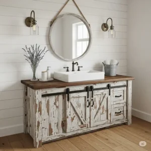 A farmhouse-style rustic looking bathroom vanities with a rustic charm, including open shelving for towels and storage baskets.