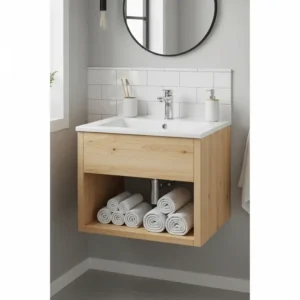 A compact, space-saving wood bathroom vanity designed for a small powder room, showcasing a single integrated sink and an open shelf for towel storage.