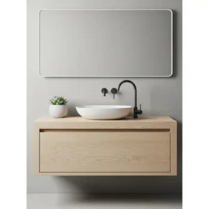 A minimalist solid wood bathroom vanity featuring a clean, rectangular design and a sleek vessel sink, creating a modern and sophisticated focal point.