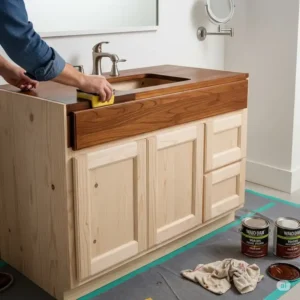 A person applying wood stain to an unfinished bathroom vanity to create a rich, custom finish that matches the bathroom decor.