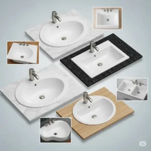 A collage of different drop in bathroom sinks shapes, including oval, rectangular, and round, illustrating the various design options available for bathroom renovations.