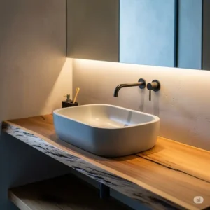 A stylish vessel-style modern bathroom sink made of polished concrete, sitting atop a rustic wood countertop.