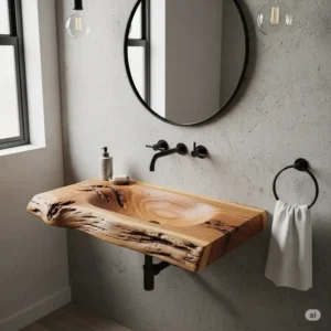 A unique, handcrafted wall mounted bathroom sinks made from a single slab of reclaimed wood. This image highlights a rustic, natural aesthetic suitable for a contemporary or farmhouse-style bathroom.