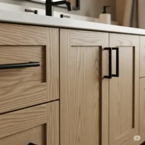 Close-up of a white oak bathroom vanity featuring stylish matte black hardware, which provides a striking and modern contrast to the light wood grain.