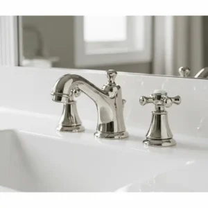 An elegant widespread polished nickel bathroom faucet, featuring separate handles for hot and cold water and a center spout, giving a timeless look to a bathroom sink.