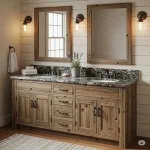 A rustic wood double sink bathroom vanity top featuring a speckled granite countertop with two integrated sinks, adding warmth to a farmhouse-style bathroom.