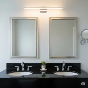 A sleek black granite double sink bathroom vanity top with two oval sinks, complemented by twin framed mirrors and a modern lighting fixture.