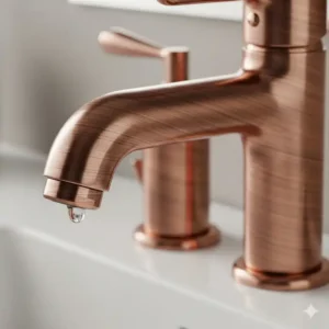 A close-up shot of a brushed copper bathroom faucets, highlighting the unique texture and warm metallic tone.