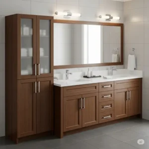 A large double-sink bathroom vanity with a linen cabinet, offering ample storage for two.