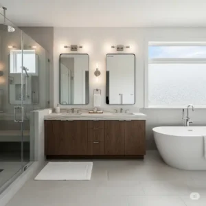 A complete bathroom with a spacious bathroom vanity with double sink, large mirrors, and modern light fixtures, creating a functional and stylish space.